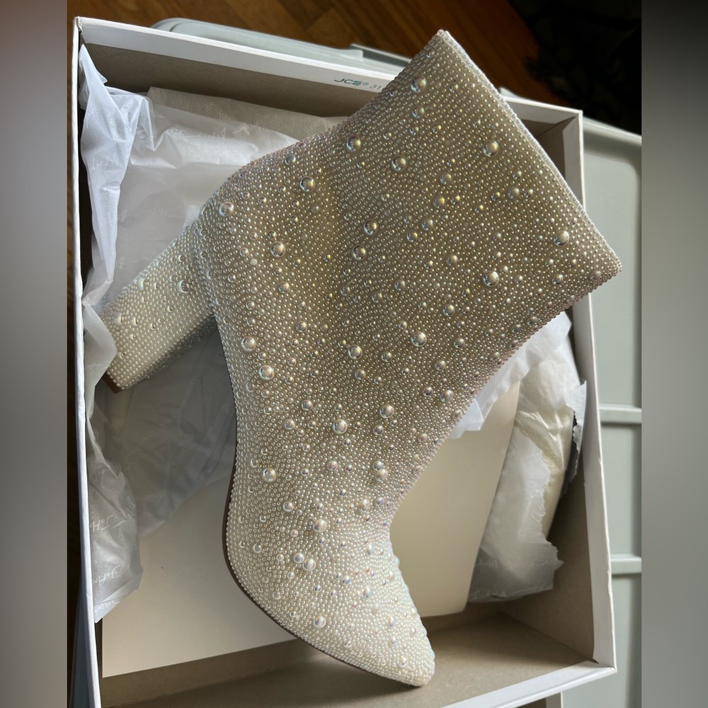 Betsey Johnson Ivory Pearl & Crystal Embellished Ankle Boots